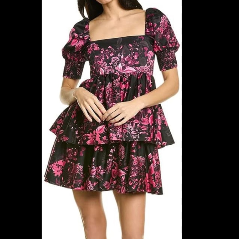 Alice + Olivia Black Mini Dress with Pink Floral Print
